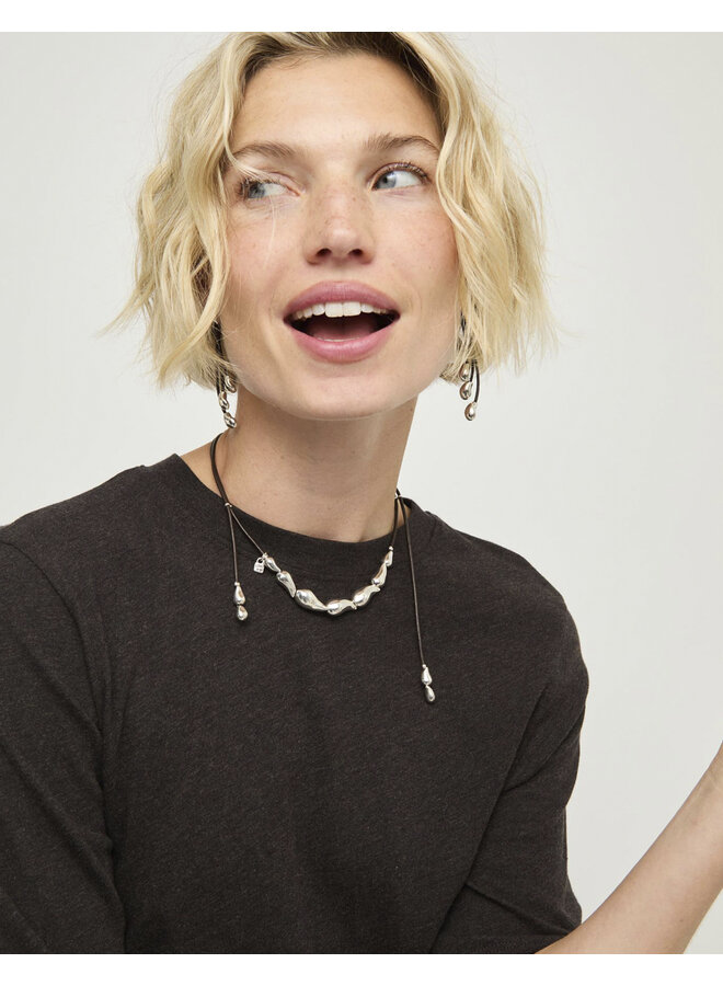 Anima Leather Necklace w/ Intertwined Drops Silver