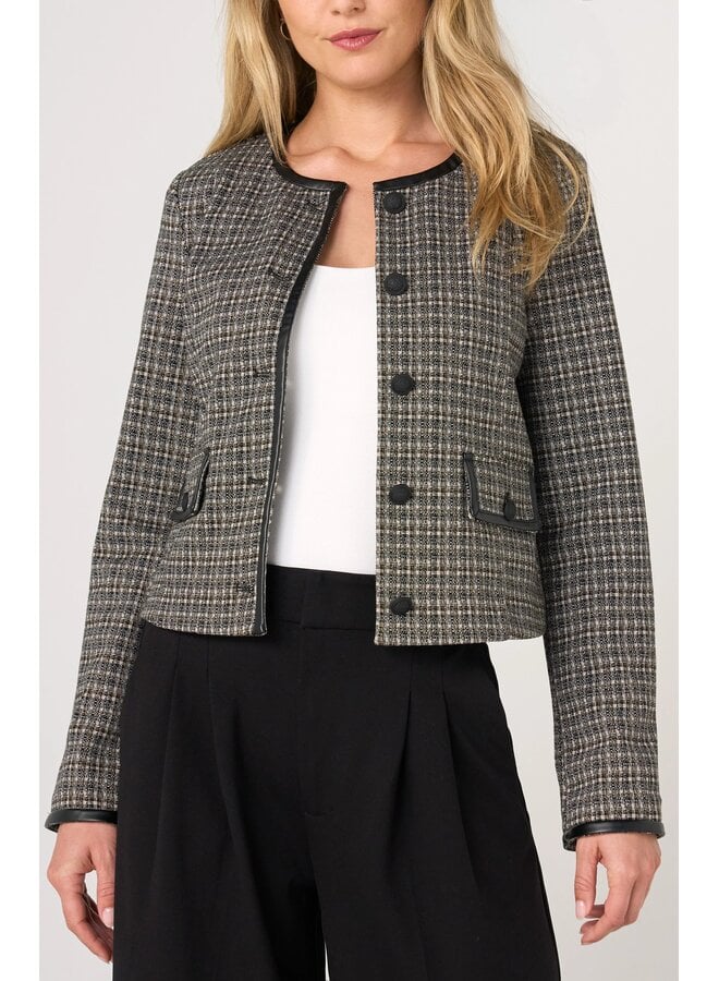 Collarless Jacket Black & Tan Checker