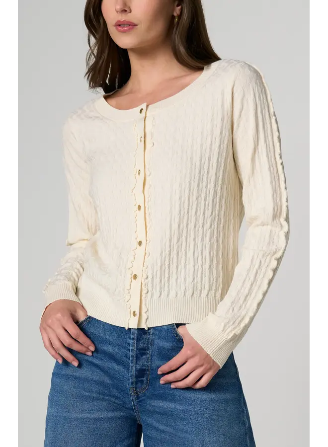 Long Sleeve Button Front Cardigan Sweater W/ Ruffles Cream