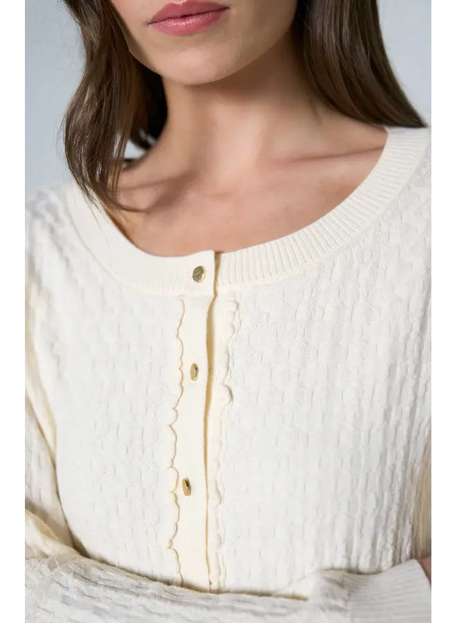 Long Sleeve Button Front Cardigan Sweater W/ Ruffles Cream