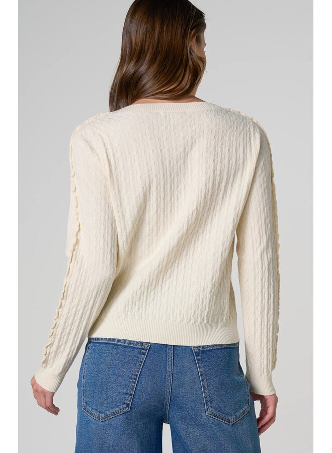 Long Sleeve Button Front Cardigan Sweater W/ Ruffles Cream