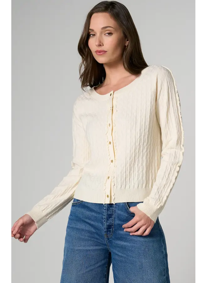 Long Sleeve Button Front Cardigan Sweater W/ Ruffles Cream