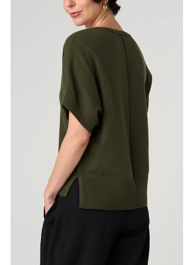 Short Sleeve V-Neck Dolman Popover Sweater Hunter Green