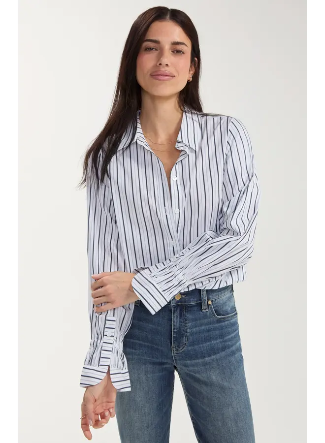 Adjustable Sleeve Button Down Top White Club Navy