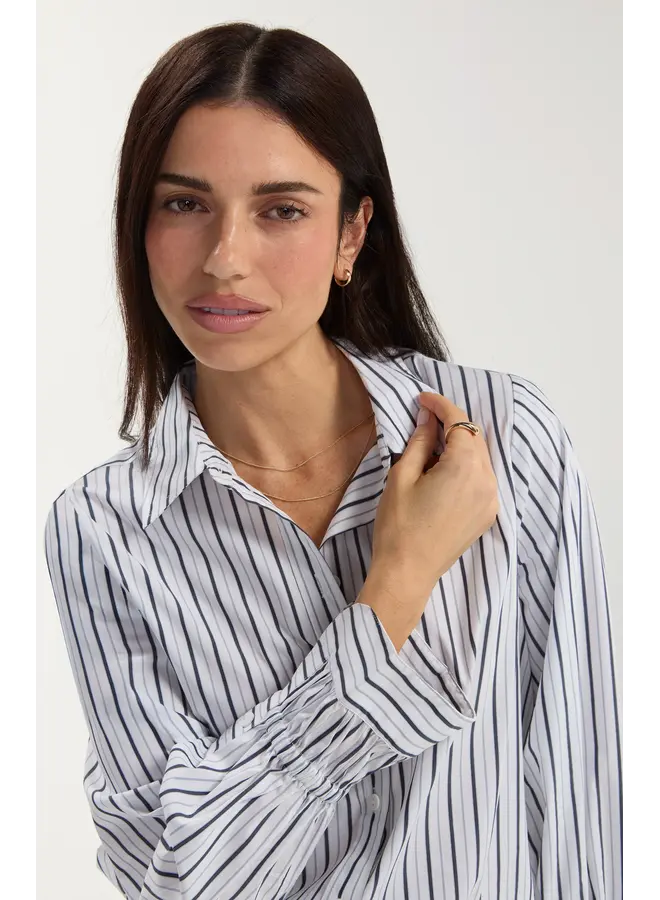 Adjustable Sleeve Button Down Top White Club Navy