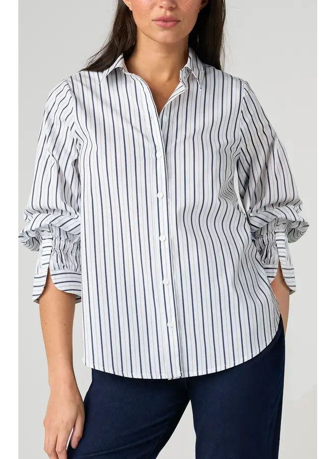 Adjustable Sleeve Button Down Top White Club Navy