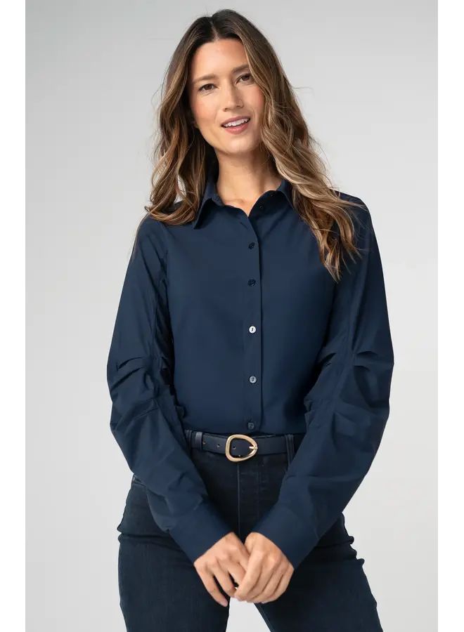 Pleated Sleeve Button Front Shirt Club Navy
