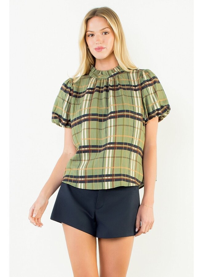 Ruffled Neck Plaid Top Olive