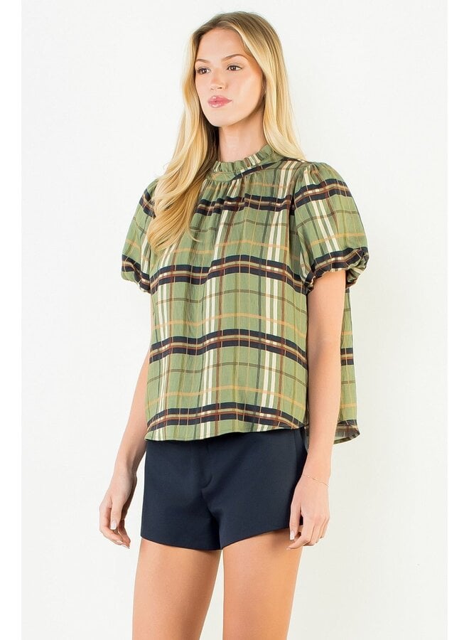 Ruffled Neck Plaid Top Olive