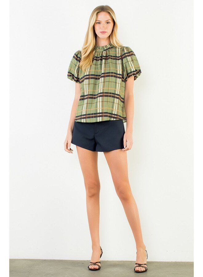 Ruffled Neck Plaid Top Olive