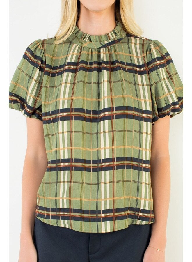 Ruffled Neck Plaid Top Olive