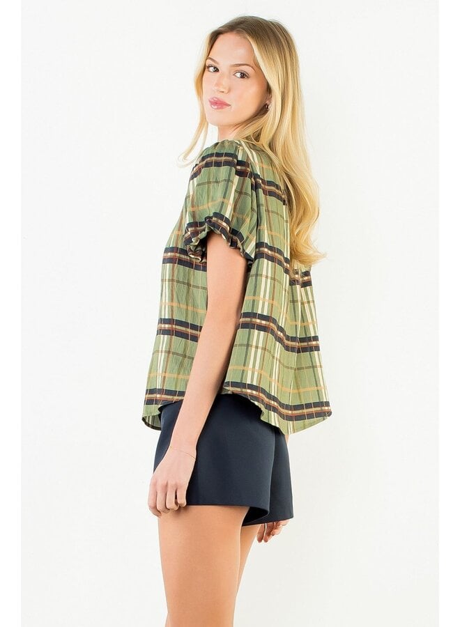 Ruffled Neck Plaid Top Olive