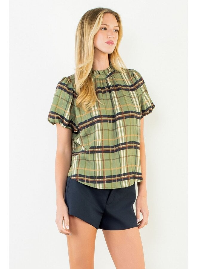 Ruffled Neck Plaid Top Olive
