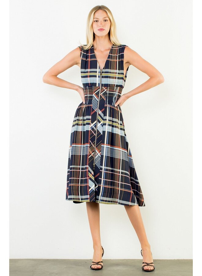 Plaid Sleeveless Midi Dress With Zipper Front Navy