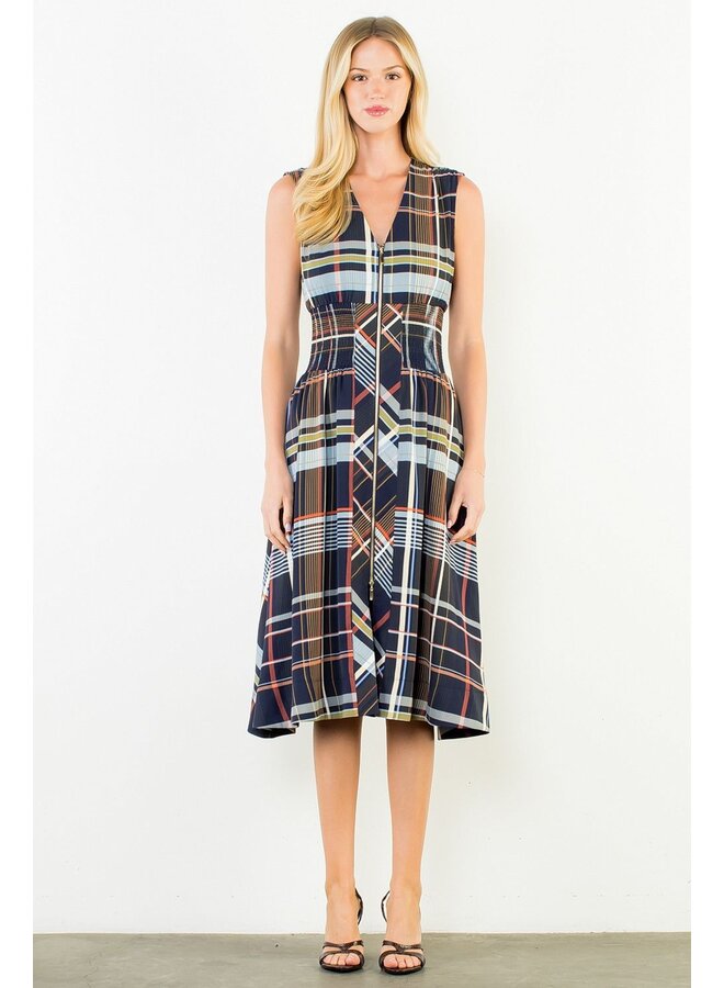 Plaid Sleeveless Midi Dress With Zipper Front Navy