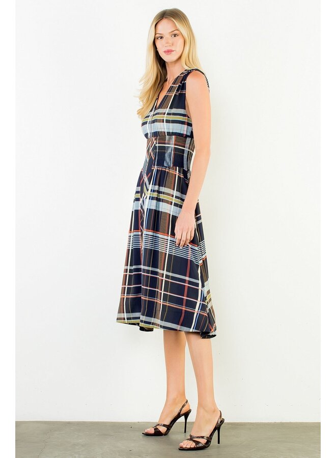Plaid Sleeveless Midi Dress With Zipper Front Navy