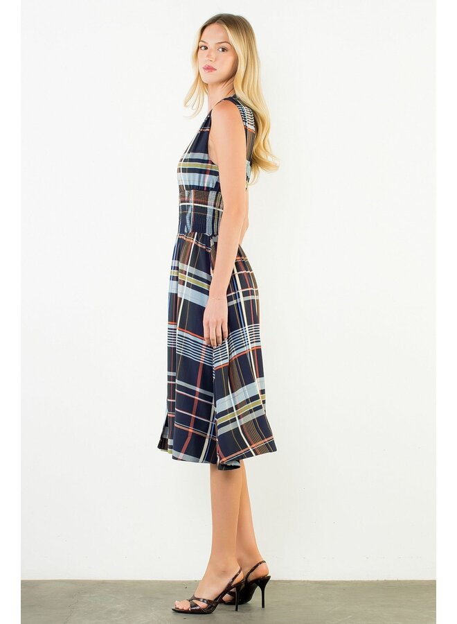 Plaid Sleeveless Midi Dress With Zipper Front Navy