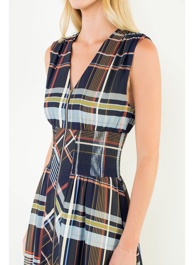 Plaid Sleeveless Midi Dress With Zipper Front Navy