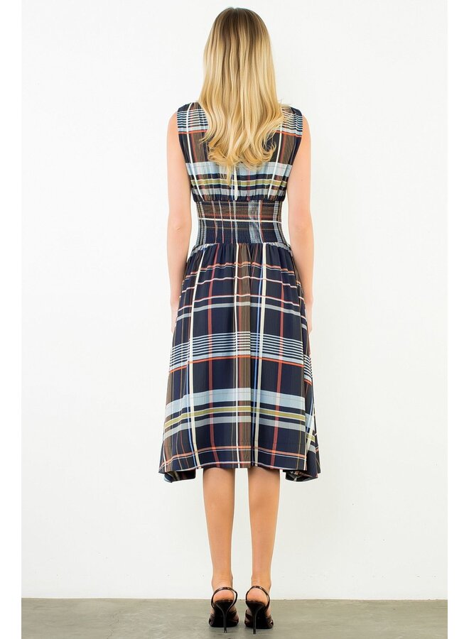 Plaid Sleeveless Midi Dress With Zipper Front Navy