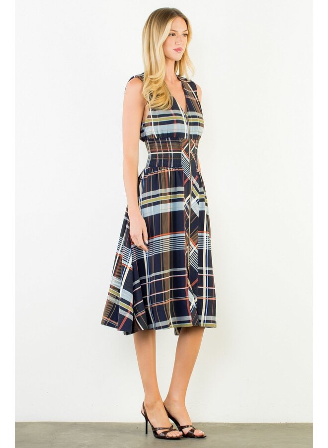 Plaid Sleeveless Midi Dress With Zipper Front Navy