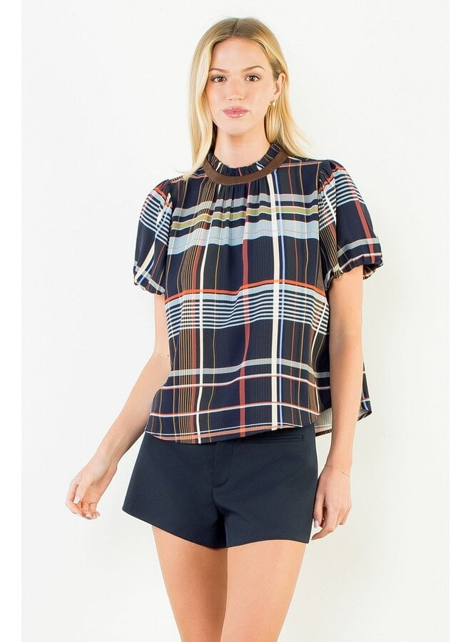 Ruffled Neck Stripe Top Blue