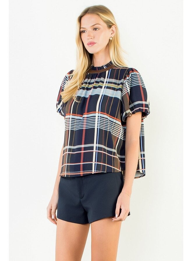 Ruffled Neck Stripe Top Blue