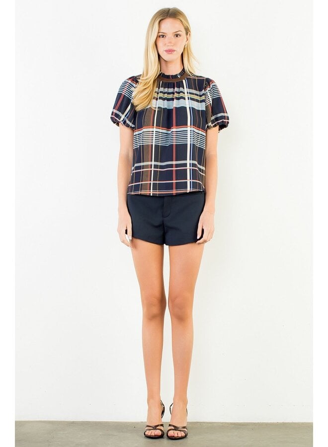 Ruffled Neck Stripe Top Blue