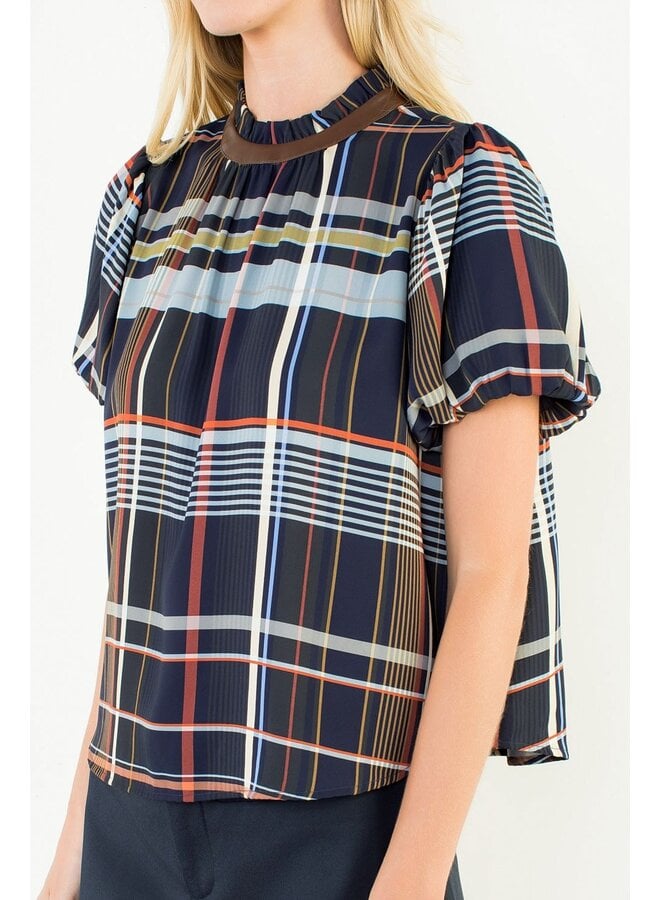 Ruffled Neck Stripe Top Blue