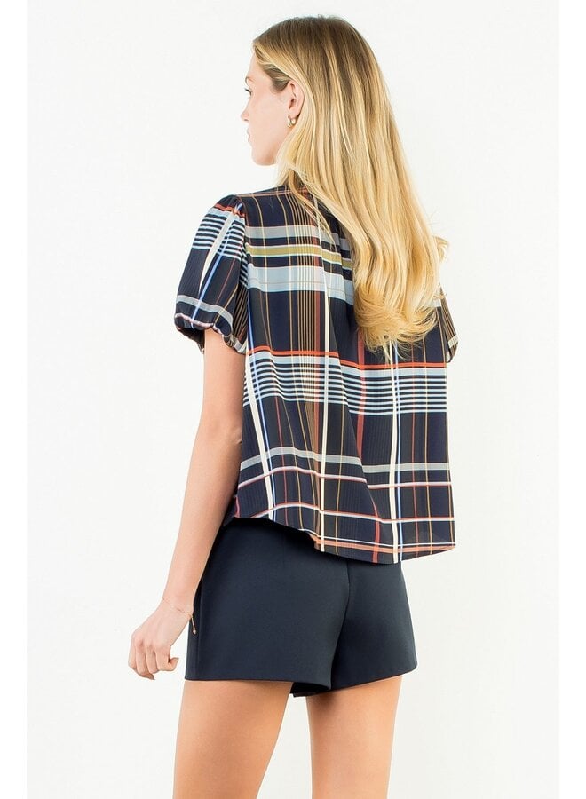 Ruffled Neck Stripe Top Blue
