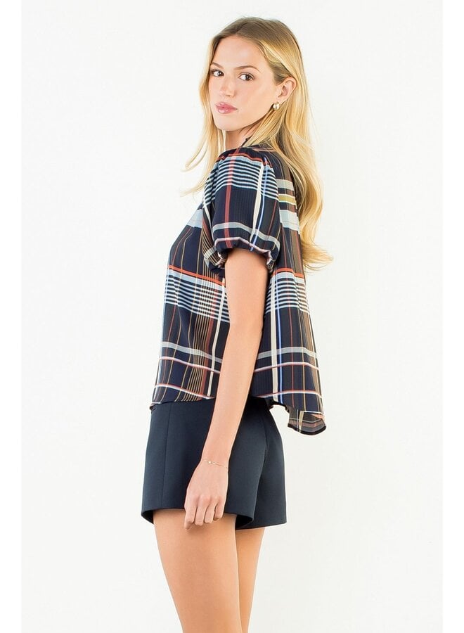 Ruffled Neck Stripe Top Blue
