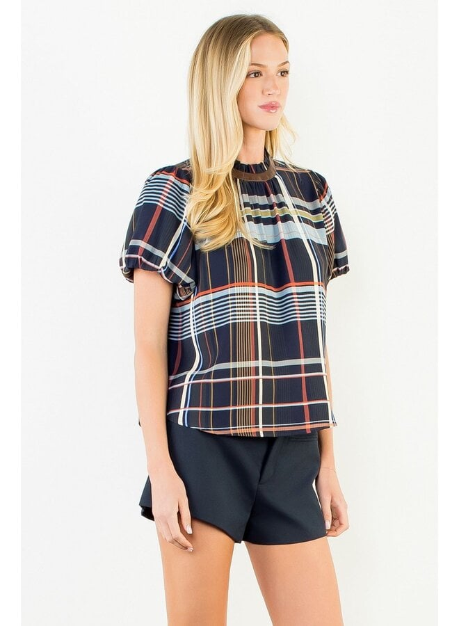 Ruffled Neck Stripe Top Blue