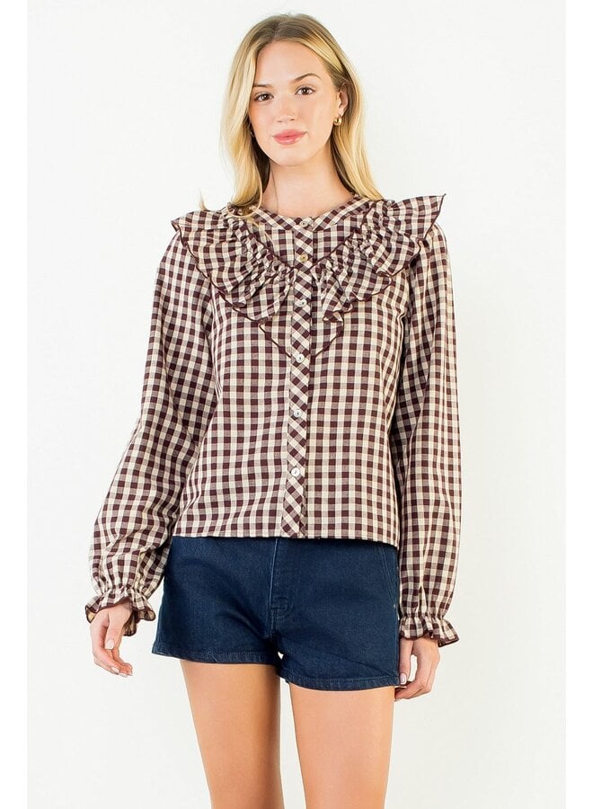 Long Sleeve Plaid Ruffled Top Brown