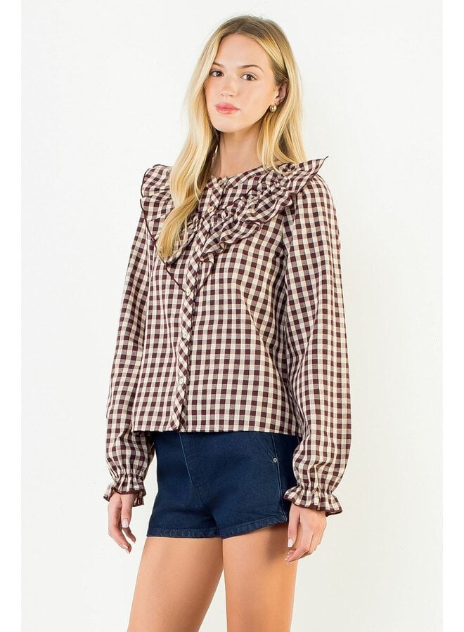 Long Sleeve Plaid Ruffled Top Brown