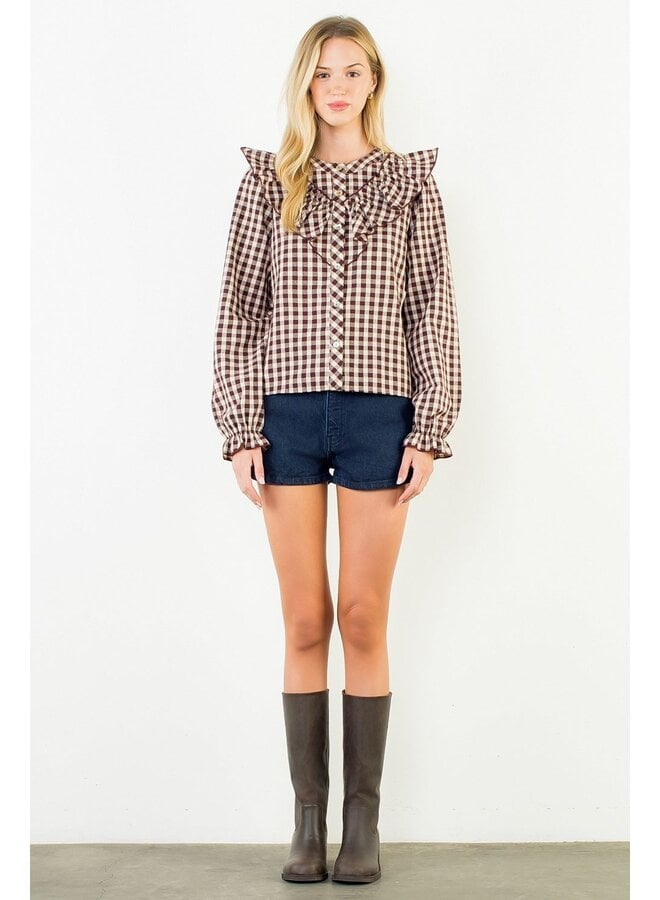 Long Sleeve Plaid Ruffled Top Brown