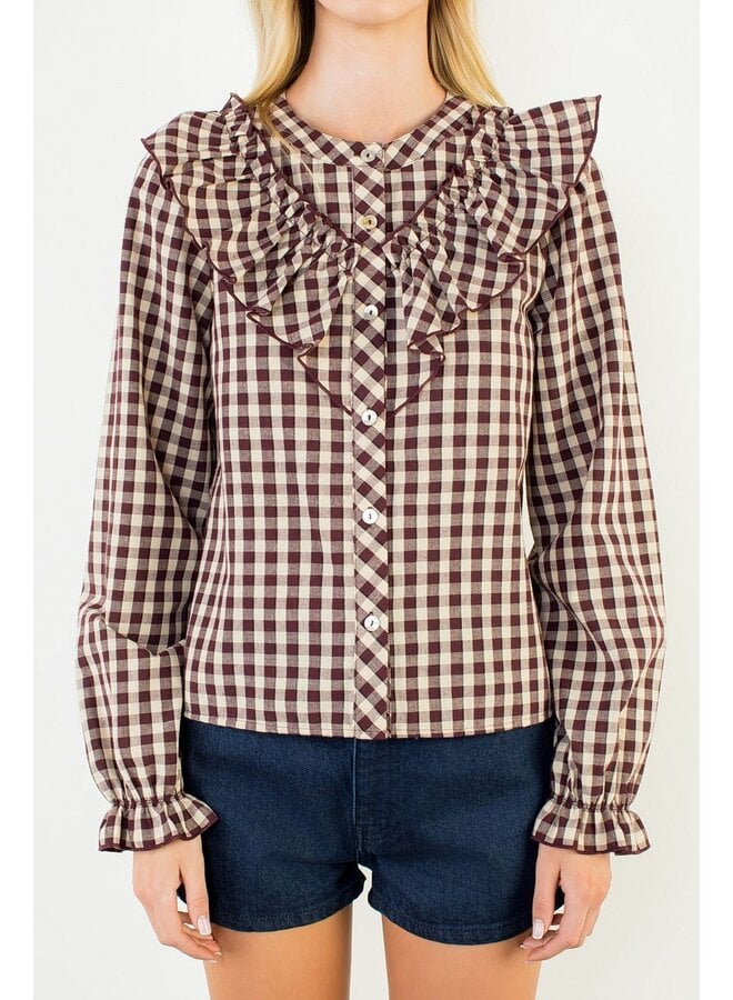 Long Sleeve Plaid Ruffled Top Brown