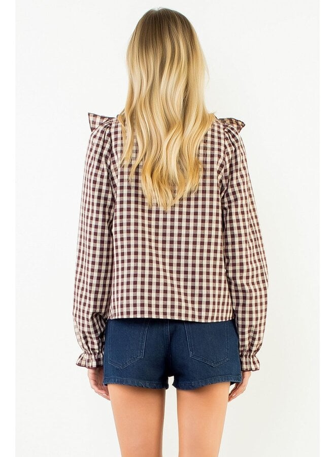 Long Sleeve Plaid Ruffled Top Brown
