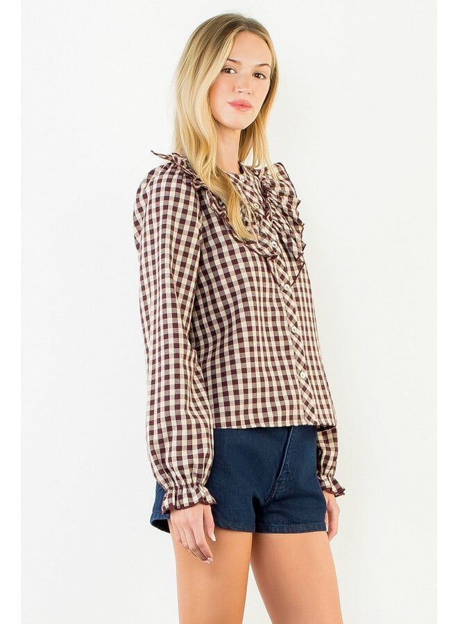 Long Sleeve Plaid Ruffled Top Brown