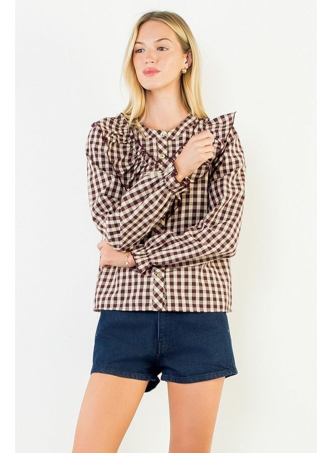 Long Sleeve Plaid Ruffled Top Brown
