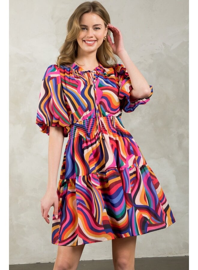 Puff Sleeve Multi Color Dress Pink