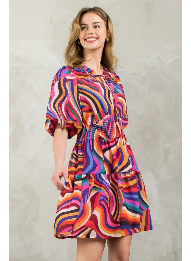 Puff Sleeve Multi Color Dress Pink