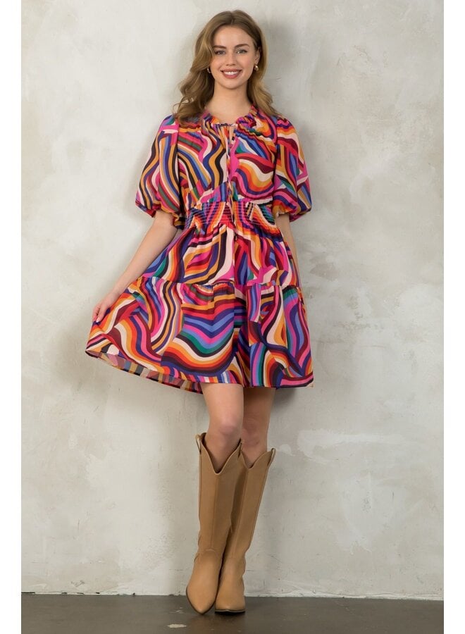 Puff Sleeve Multi Color Dress Pink