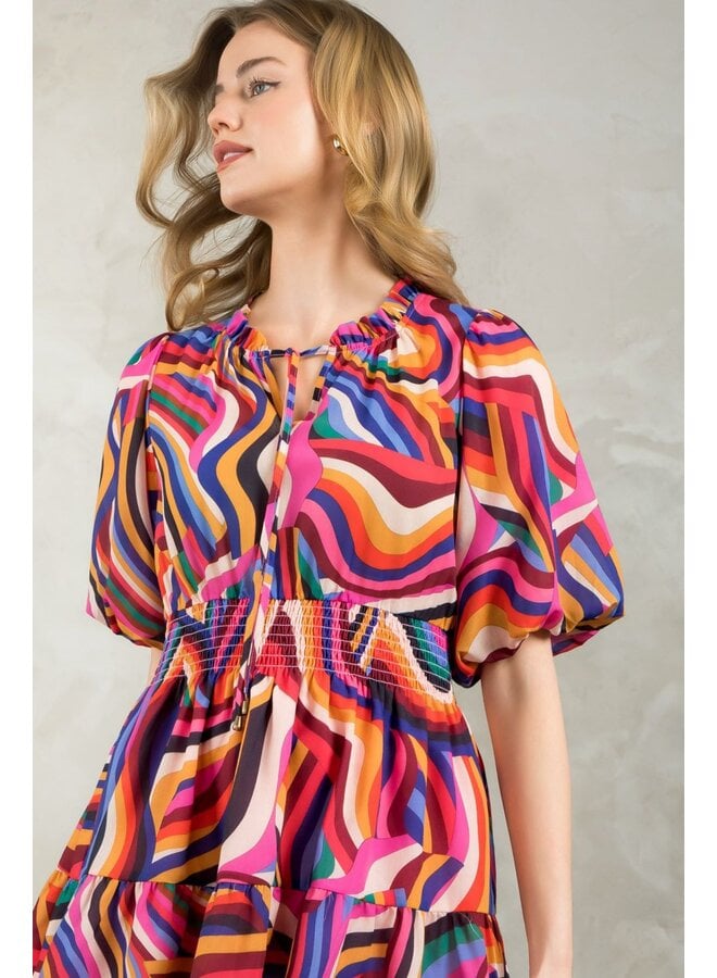 Puff Sleeve Multi Color Dress Pink