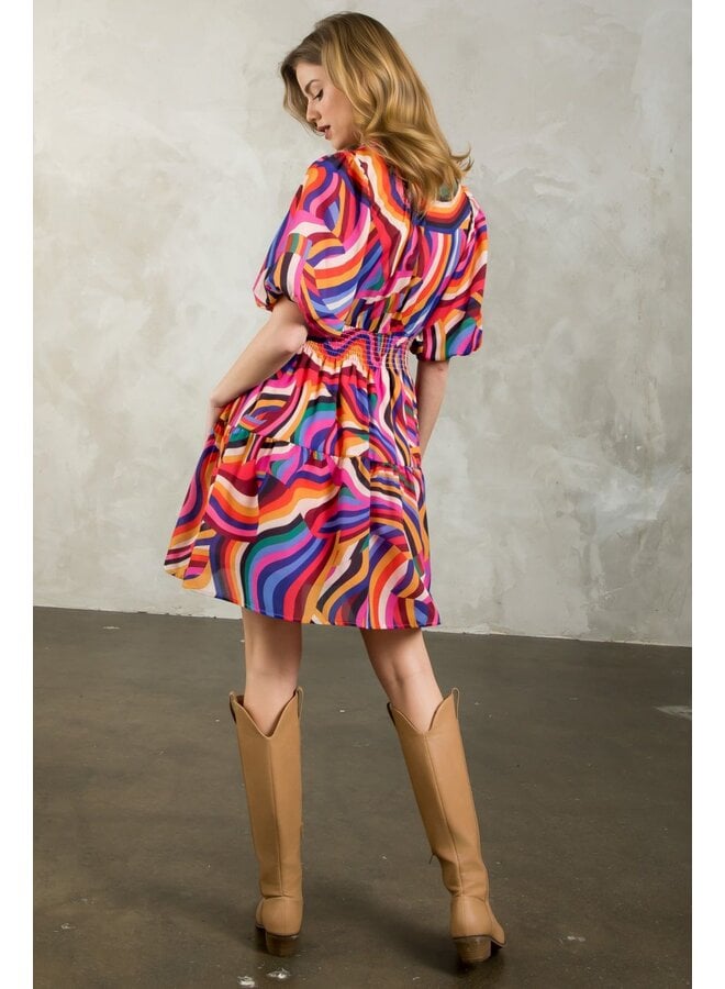 Puff Sleeve Multi Color Dress Pink