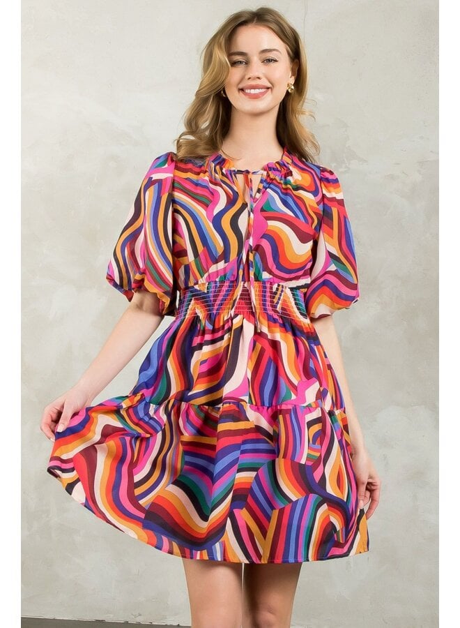 Puff Sleeve Multi Color Dress Pink