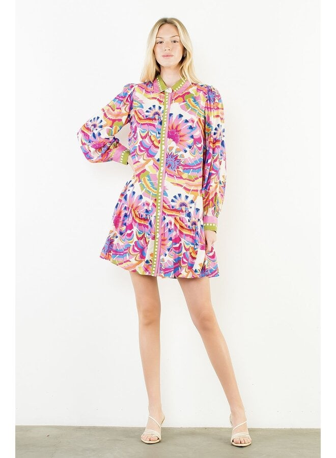 Long Sleeve Pattern Button Up Dress Cream
