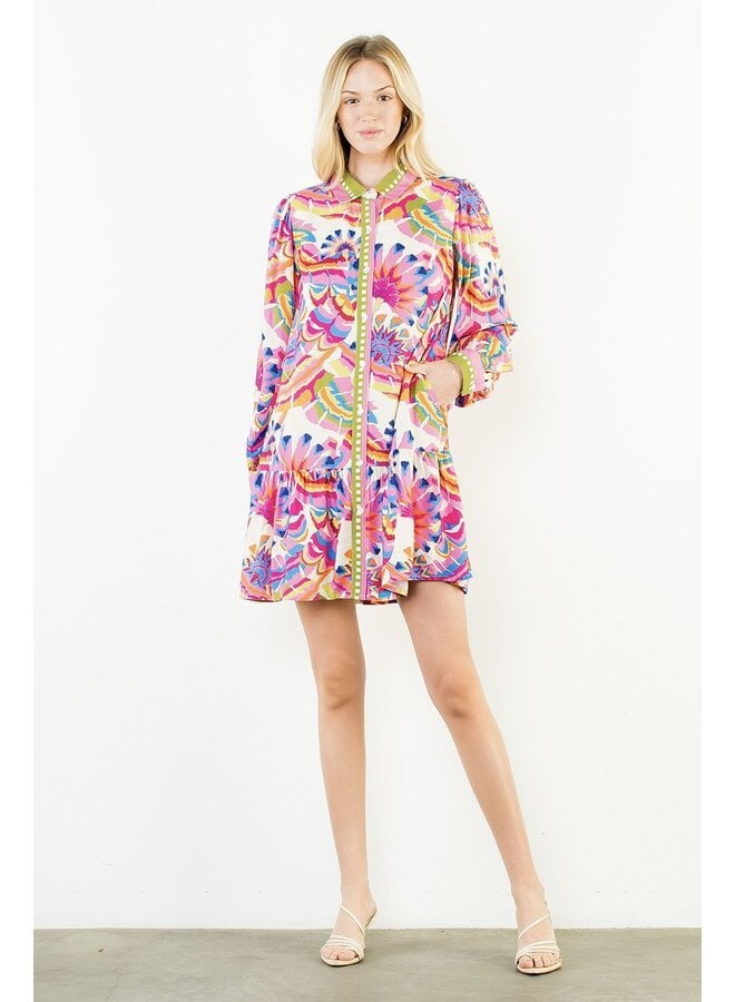 Long Sleeve Pattern Button Up Dress Cream