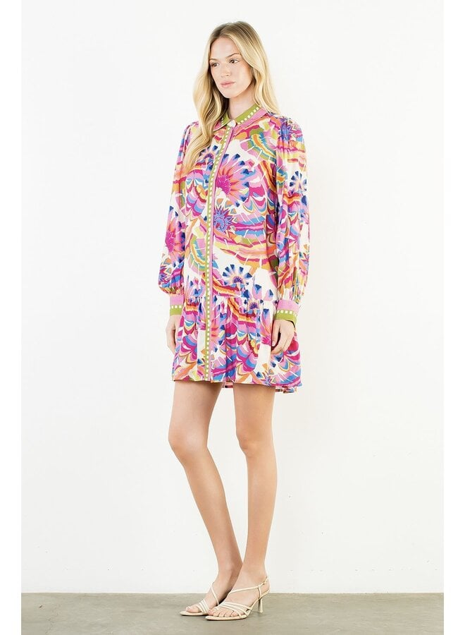Long Sleeve Pattern Button Up Dress Cream