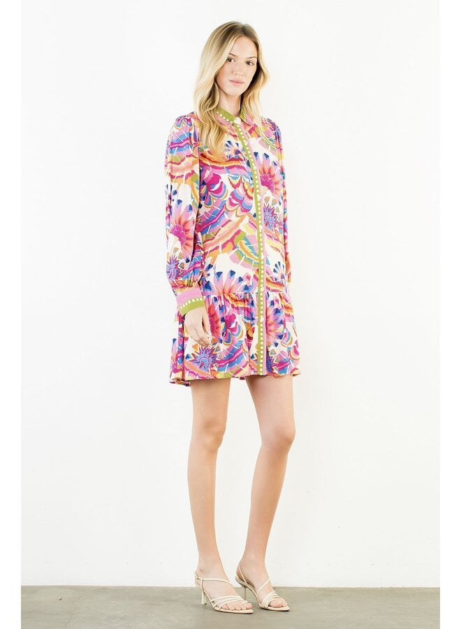 Long Sleeve Pattern Button Up Dress Cream