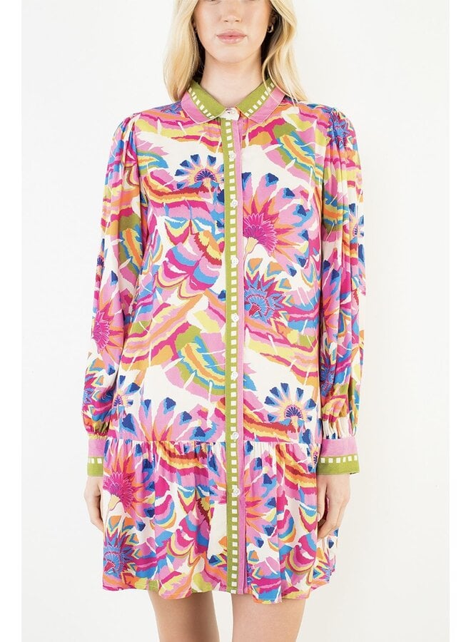 Long Sleeve Pattern Button Up Dress Cream