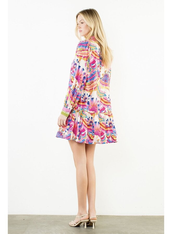 Long Sleeve Pattern Button Up Dress Cream